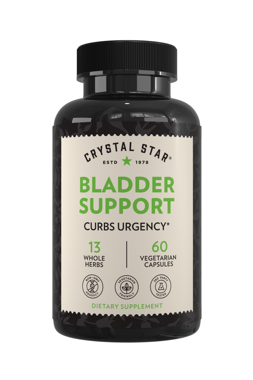 Crystal Star Bladder Support supplement encourages urinary muscle elasticity, Front Side