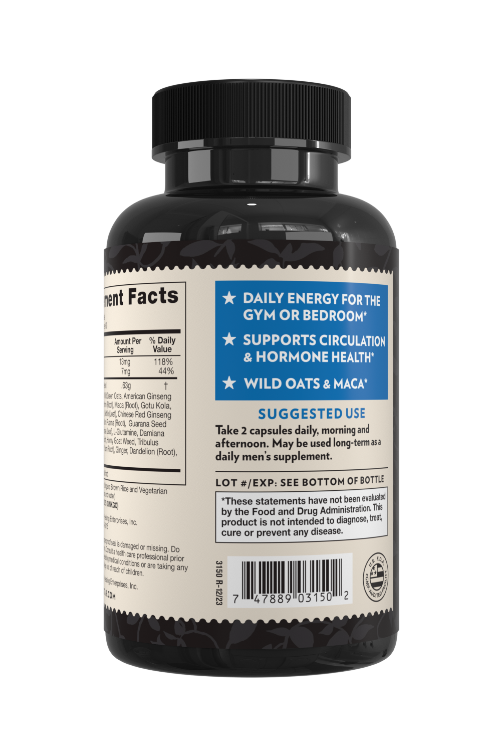 Crystal Star Male Performance supplement for energy and stamina, Back Side