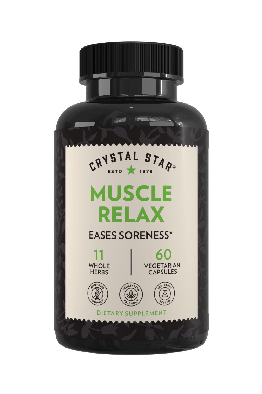 Crystal Star Muscle Relax supplement for easing soreness, Front Side