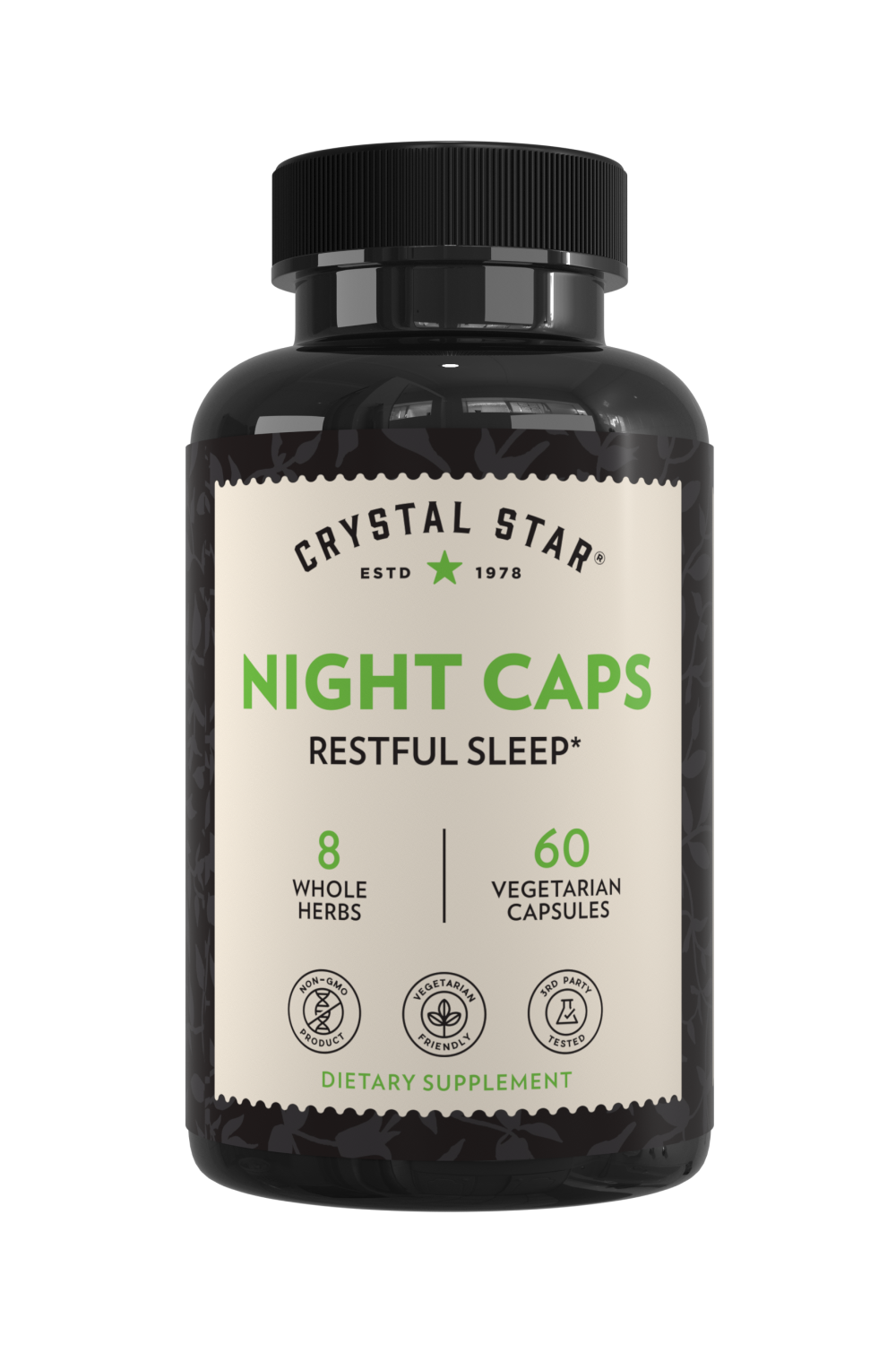 Crystal Star Night Caps supplement for restful sleep, Front Side