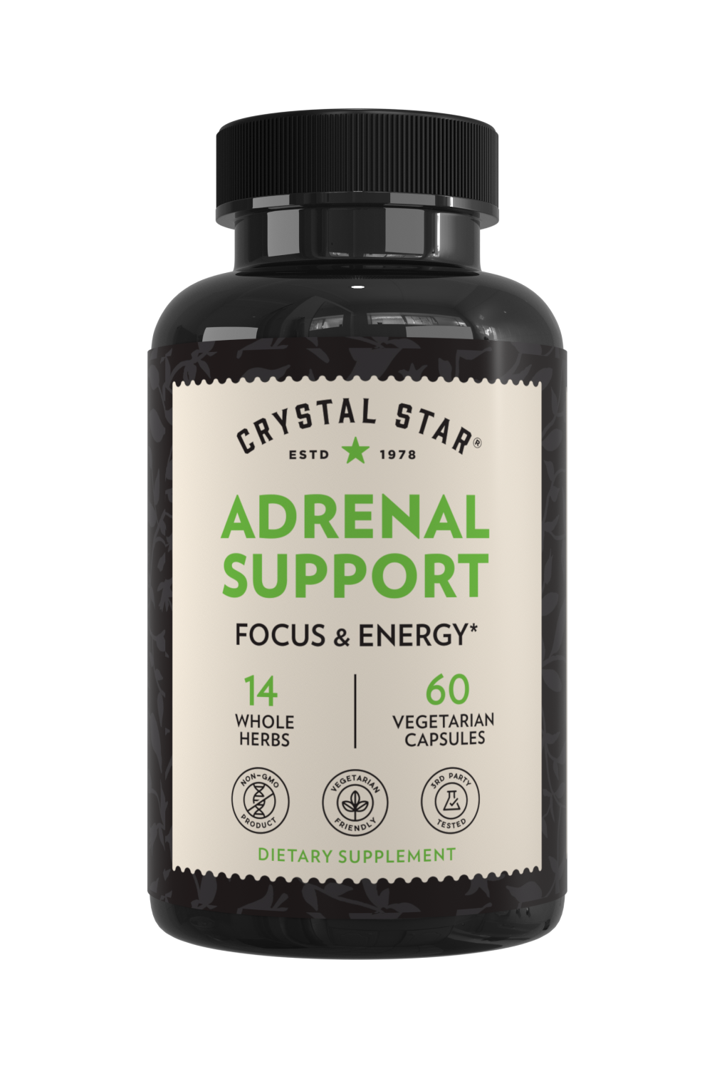 Crystal Star Adrenal Support supplement for focus and energy, Front Side