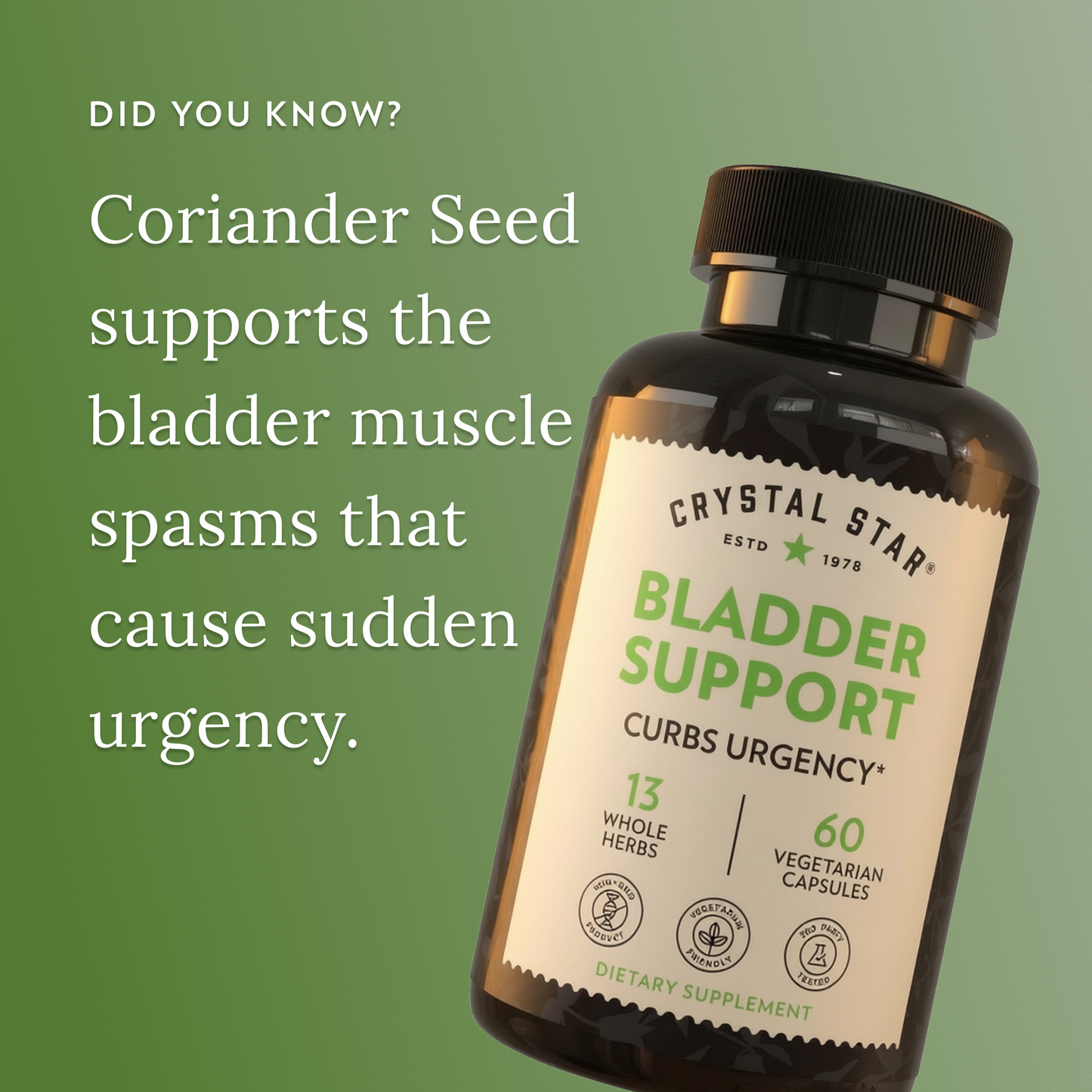 Crystal Star Bladder Support supplement bottle with text on a green background
