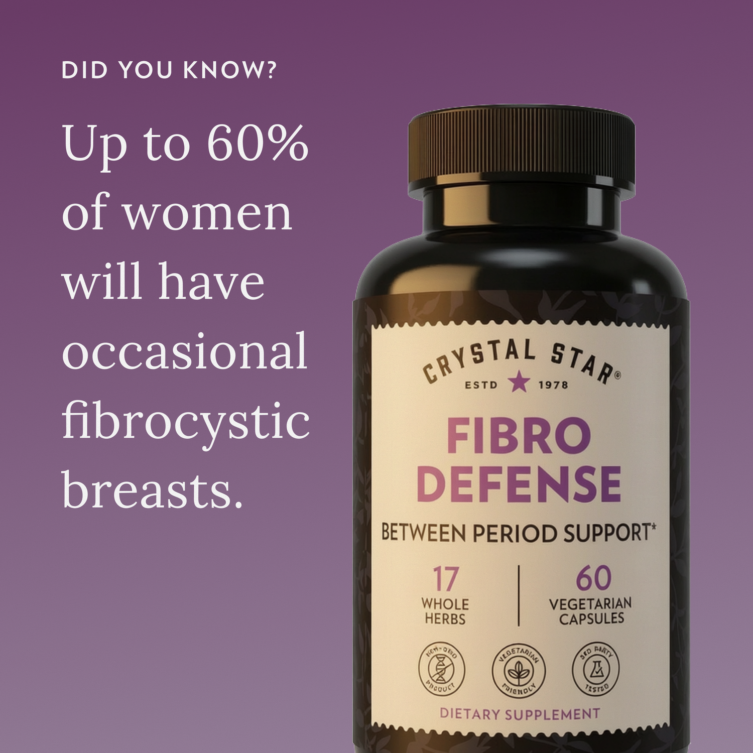 Crystal Star Fibro Defense supplement bottle on a purple background with text about fibrocystic breasts.