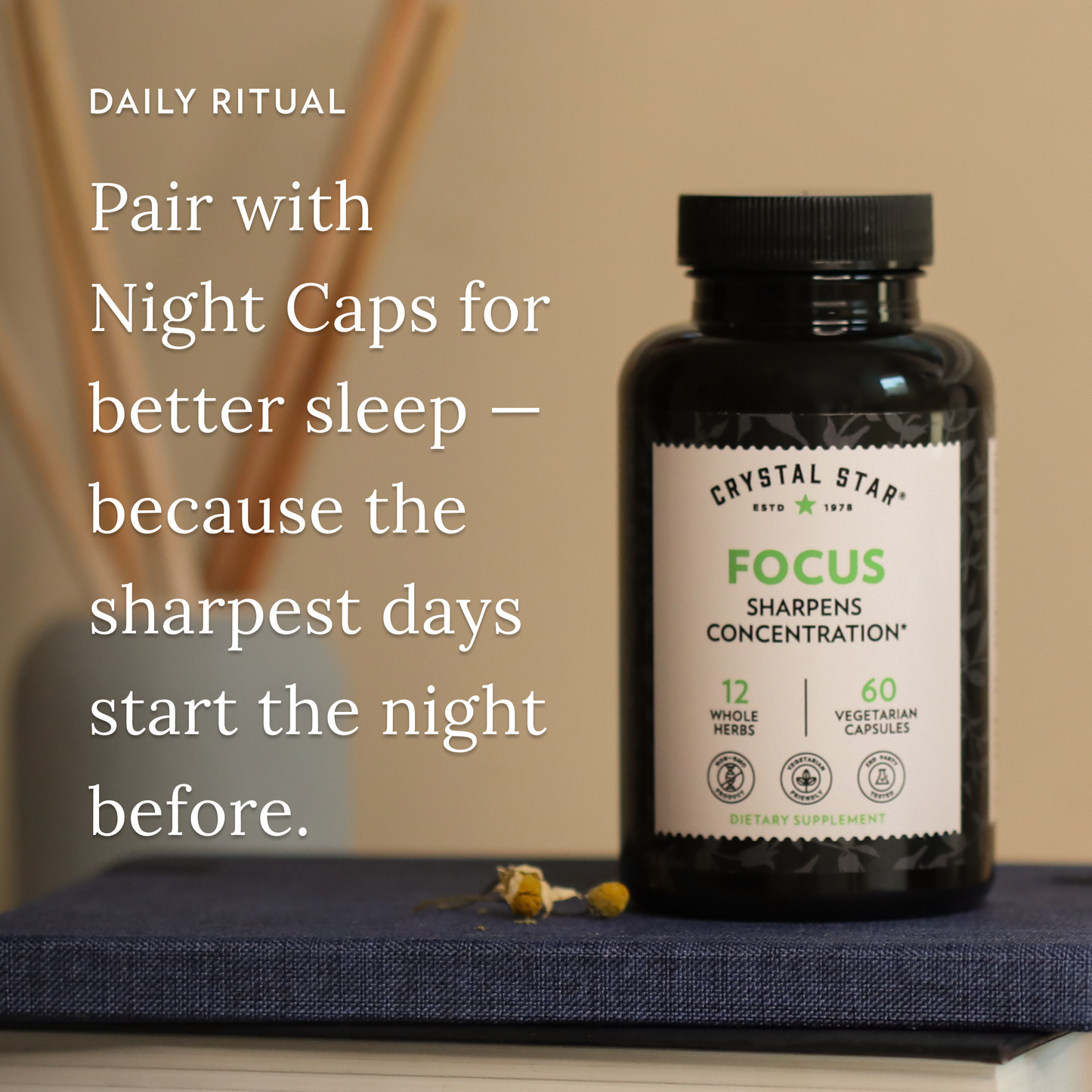 Crystal Star Focus supplement bottle on a table with text about better sleep.