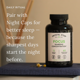 Crystal Star Focus supplement bottle on a table with text about better sleep.