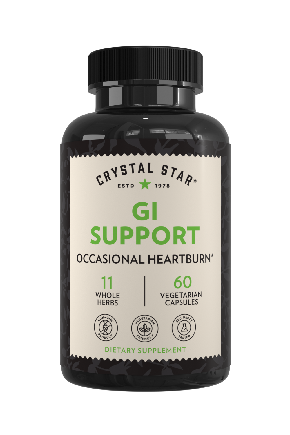 Crystal Star GI Support supplement for heartburn, Front Side