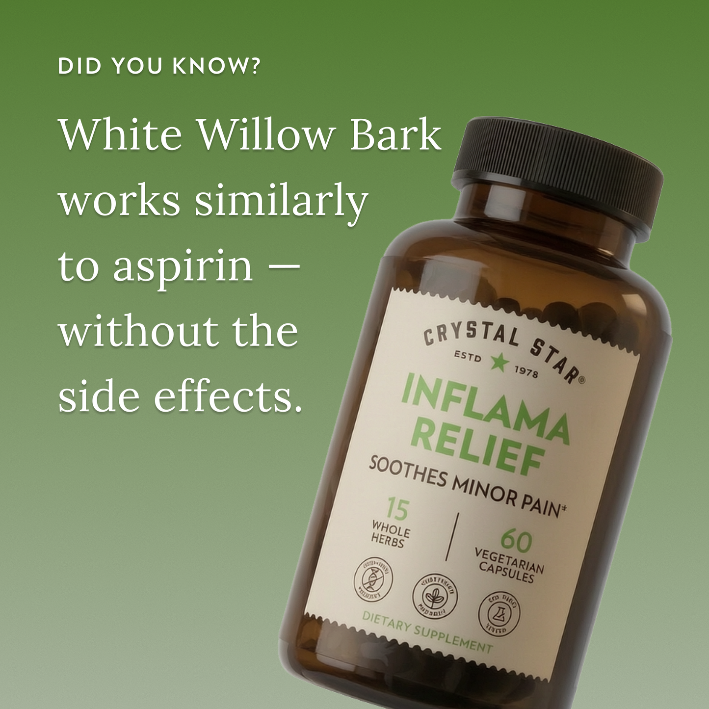 Bottle of Crystal Star Inflama Relief supplement with text about white willow bark and aspirin on a green background