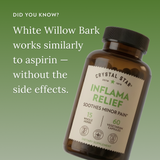 Bottle of Crystal Star Inflama Relief supplement with text about white willow bark and aspirin on a green background