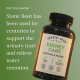 Crystal Star Kidney Care supplement bottle on a green background with text about stone root's uses.
