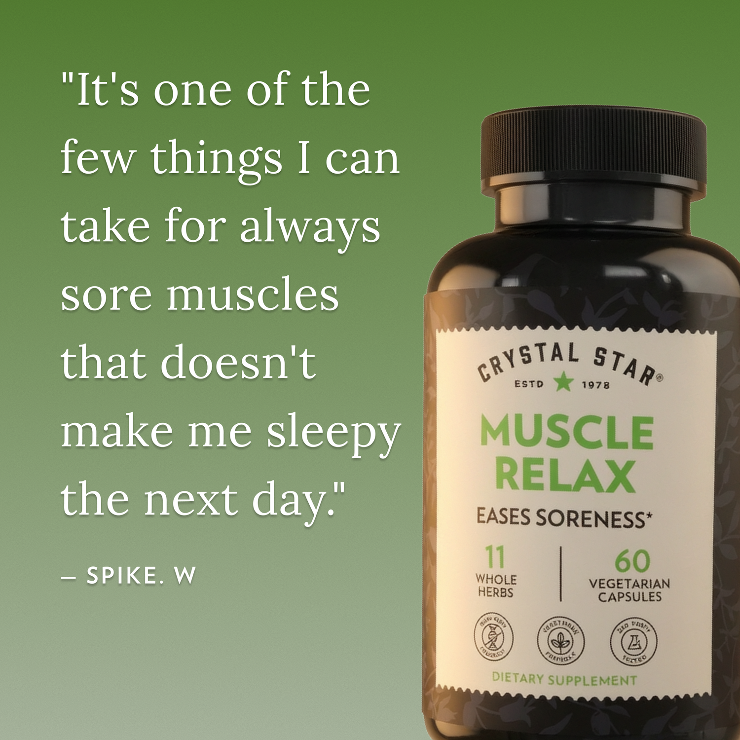 Crystal Star Muscle Relax supplement bottle with a quote on a green background