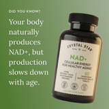 Crystal Star NAD+ supplement bottle on a green background with text about NAD+ production.