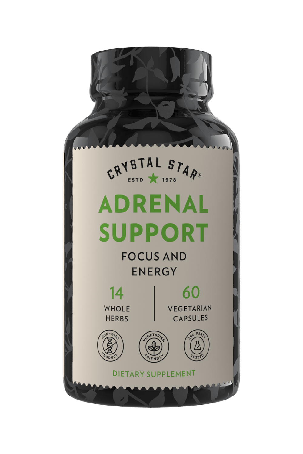Crystal Star Adrenal Support supplement for focus and energy, Front Side 