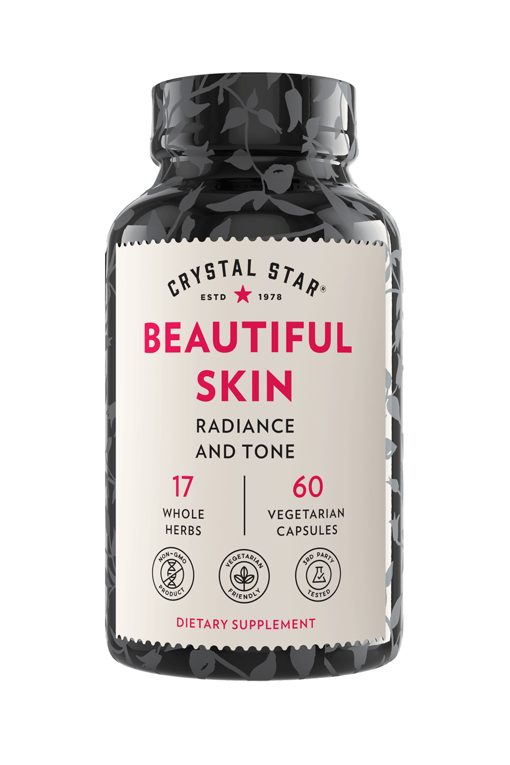 Crystal Star Beautiful Skin supplement for radiance and tone, Front Side