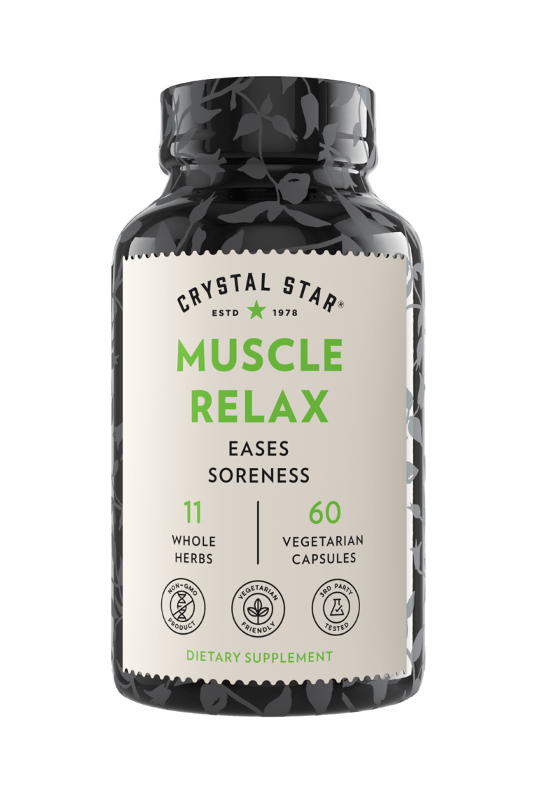 Crystal Star Muscle Relax supplement for easing soreness, Front Side